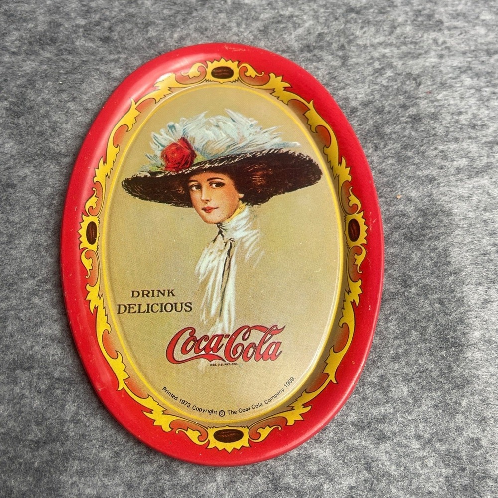 Vintage 1973 "Drink Delicious" Coca-Cola Tip Tray Victorian Woman Red Oval 6"‎
